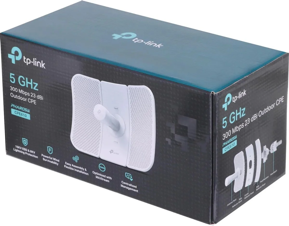 TP-Link CPE610 Уличная точка доступа Wi‑Fi, до 300 Мбит/с на 5 ГГц, 23 дБи, дальность свыше 30 км, всепогодный корпус
