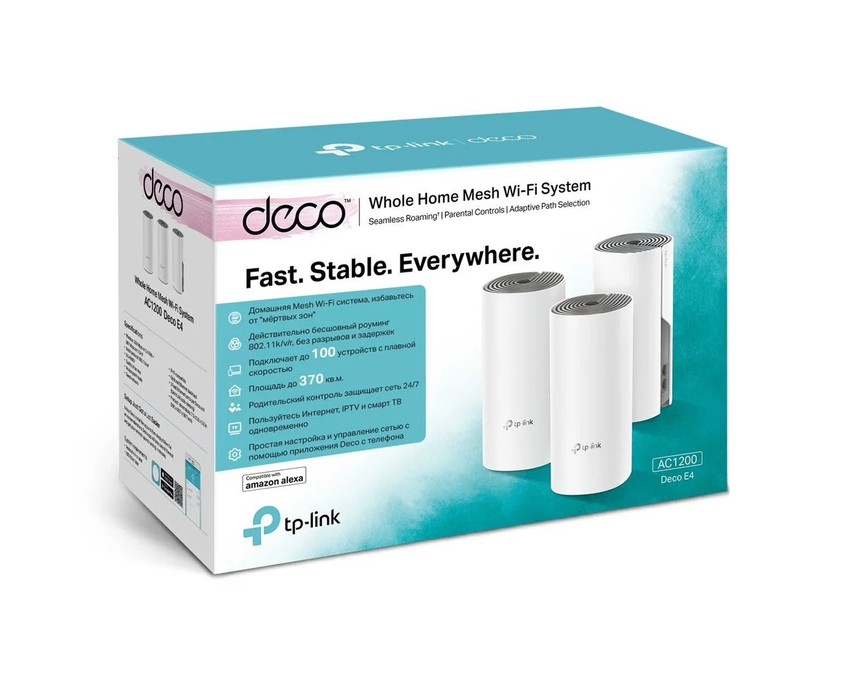 TP-Link Deco E4(2-pack) Домашняя Mesh Wi-Fi система AC1200, до 300 Мбит/с на 2,4 ГГц + до 867 Мбит/с на 5 ГГц