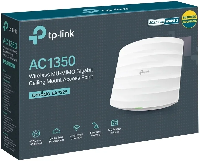 TP-Link EAP225 Потолочная двухдиапазонная точка доступа Wi-Fi AC1350, до 450 Мбит/с на 2,4 ГГц + до 867 Мбит/с на 5 ГГц