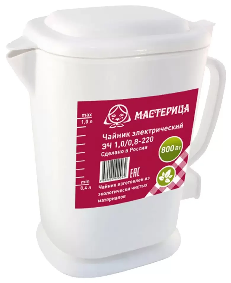 Чайник электрический Мастерица ЭЧ-1,0/0,8-220Б, пластиковый, белый, 1л, 800 Вт, (в уп. 10 шт)