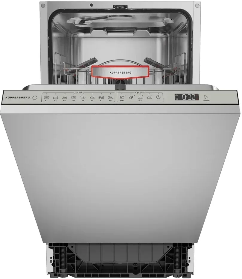 Встраиваемая посудомоечная машина Kuppersberg GHS 4526, High-Tech, 45 см, 10 комплектов, 3 корзины, 8 программ, отсрочка старта, автоматическое открыв