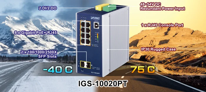Коммутатор индустриальный PoE IGS-10020PT для монтажа в DIN-рейку IP30 L2+ SNMP Manageable 8-Port Gigabit POE(Af) Switch + 2-Port Gigabit SFP Industri