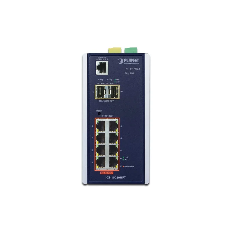 Коммутатор индустриальный PoE IGS-10020PT для монтажа в DIN-рейку IP30 L2+ SNMP Manageable 8-Port Gigabit POE(Af) Switch + 2-Port Gigabit SFP Industri