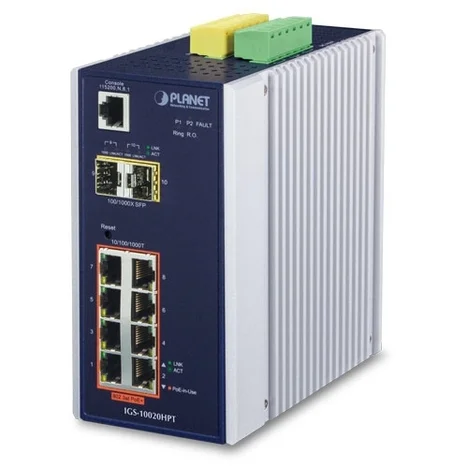 Коммутатор индустриальный PoE IGS-10020PT для монтажа в DIN-рейку IP30 L2+ SNMP Manageable 8-Port Gigabit POE(Af) Switch + 2-Port Gigabit SFP Industri
