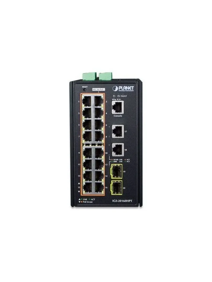 Коммутатор индустриальный PoE IGS-20160HPT для монтажа в DIN-рейку IP30 Industrial L2+/L4 16-Port 1000T 802.3at PoE+ 2-Port 1000T + 2-port 100/1000X S