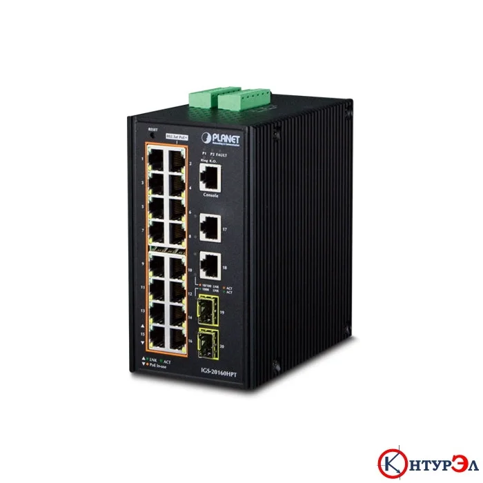 Коммутатор индустриальный PoE IGS-20160HPT для монтажа в DIN-рейку IP30 Industrial L2+/L4 16-Port 1000T 802.3at PoE+ 2-Port 1000T + 2-port 100/1000X S