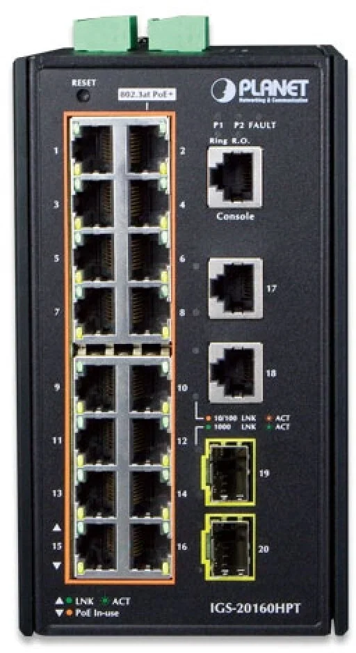 Коммутатор индустриальный PoE IGS-20160HPT для монтажа в DIN-рейку IP30 Industrial L2+/L4 16-Port 1000T 802.3at PoE+ 2-Port 1000T + 2-port 100/1000X S