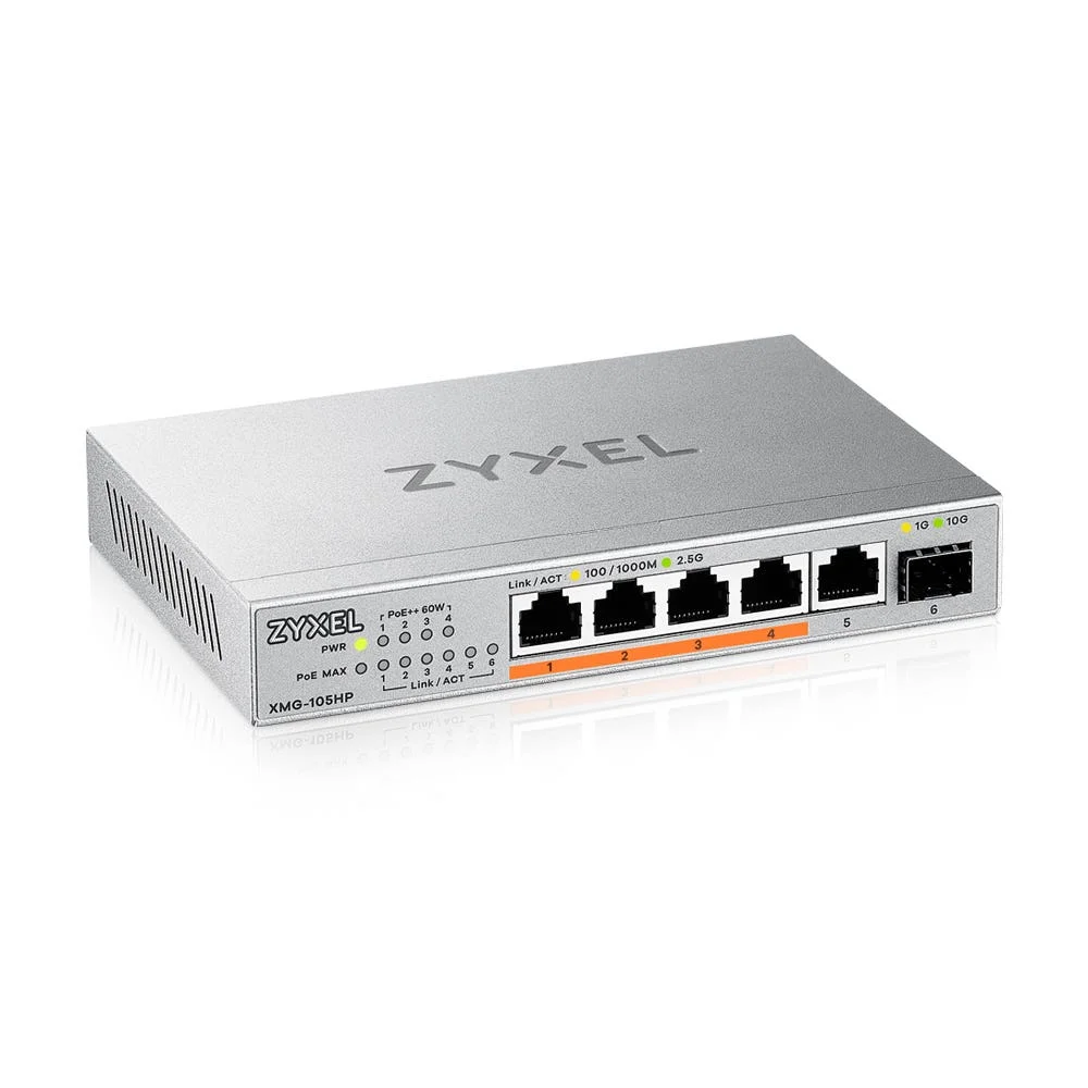 Коммутатор мультигигабитный Zyxel XMG-105, 5xRJ-45: 1/2.5G, 1xSFP+, настольный, бесшумный