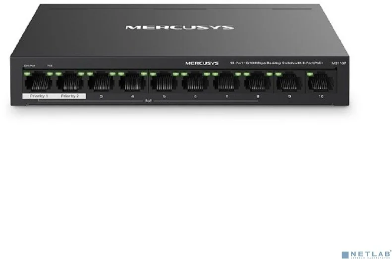 Коммутатор настольный Mercusys MS110P с 10 портами 10/100 Мбит/с (8 портов PoE+)