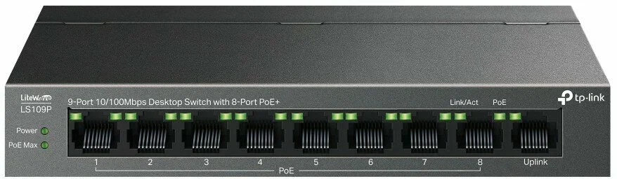 Коммутатор настольный TP-Link LS109P с 9 портами 10/100 Мбит/с (8 портов PoE+)