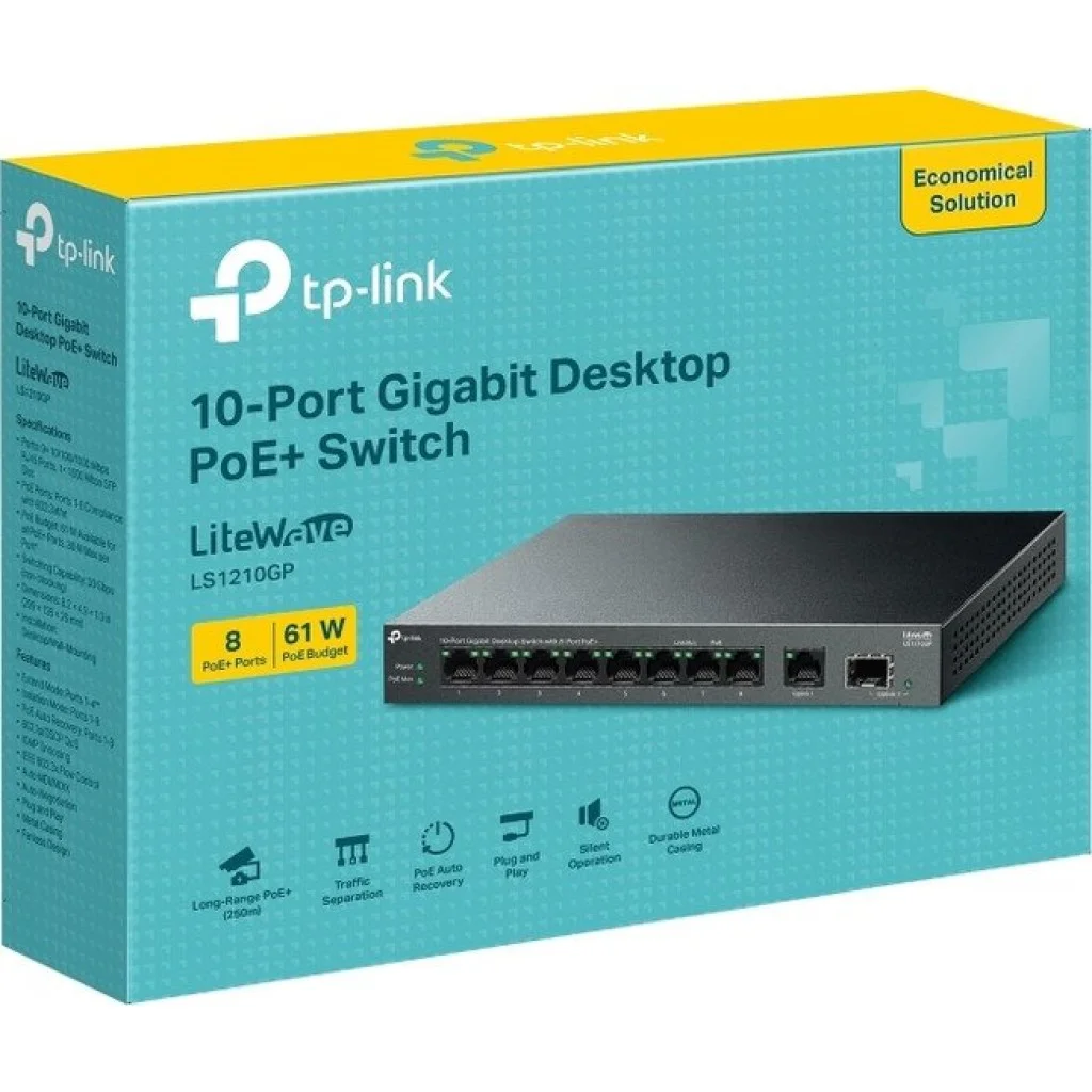 Коммутатор настольный TP-Link LS109P с 9 портами 10/100 Мбит/с (8 портов PoE+)
