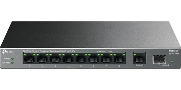 Коммутатор настольный TP-Link LS1210GP с 9 гигабитными портами (8 портов PoE+) и портом SFP