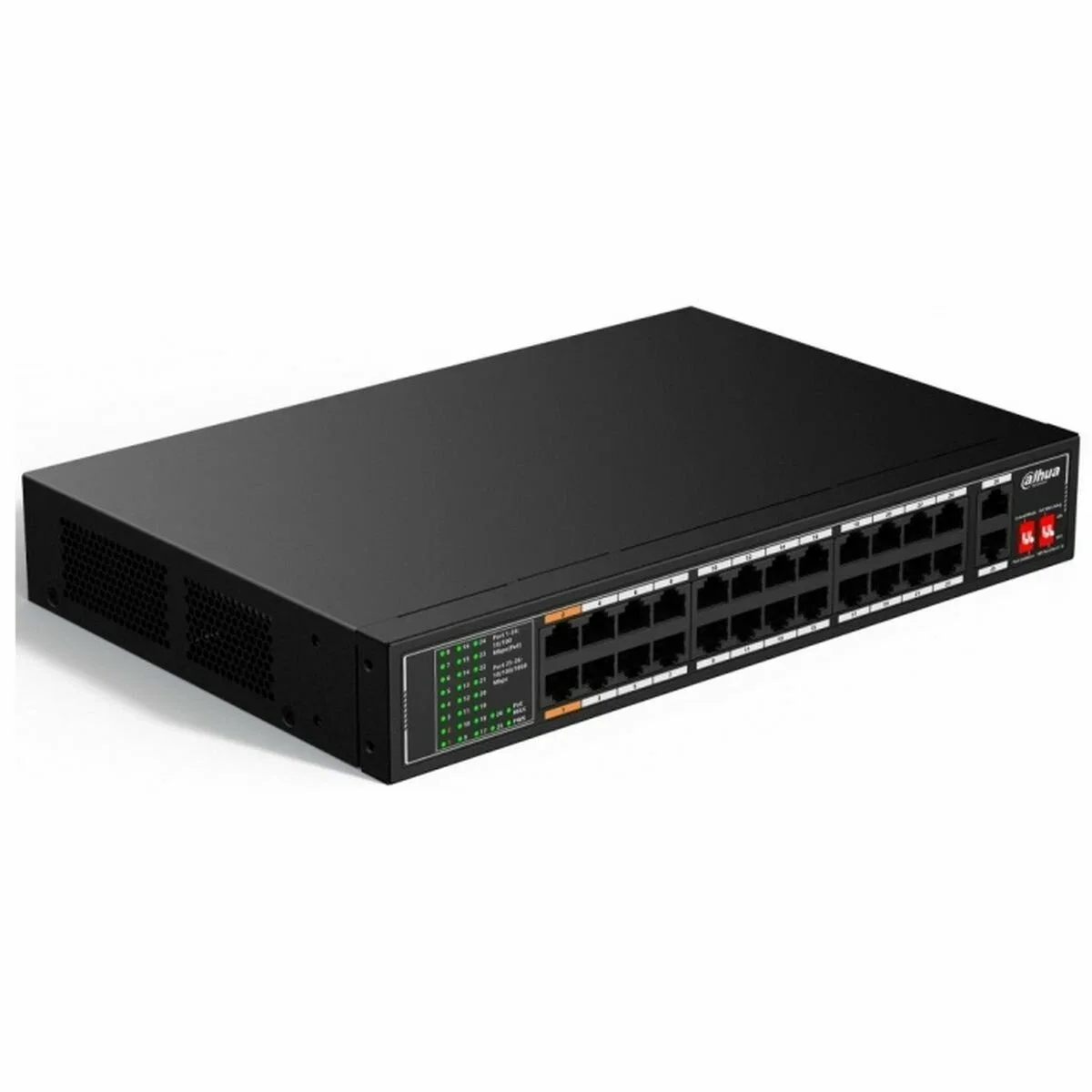 Коммутатор настраиваемый 26-портовый с РоЕ Dahua DH-SF1026LP, 24xRJ45 100Mb PoE, 2xRJ45 1Gb uplink, суммарно 190Вт, коммутация 8.8 Гбит/с, MAC-таблица