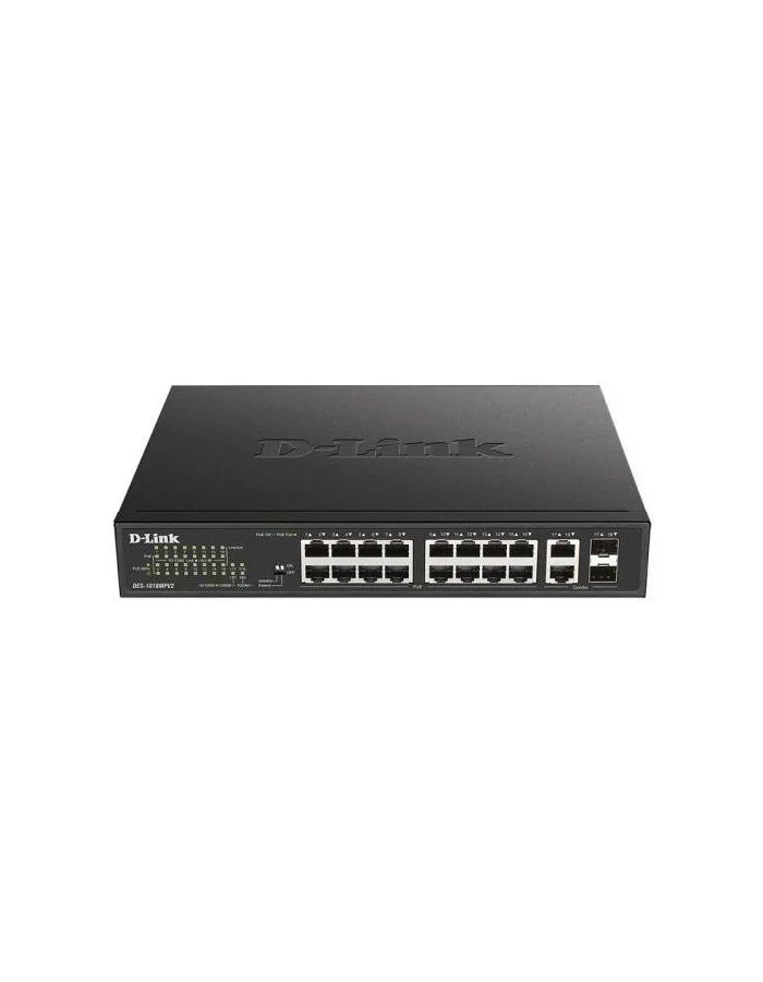 Коммутатор настраиваемый L2 D-Link DGS-1100-18PV2/A3A с 16 портами 10/100/1000Base-T и 2 комбо-портами 1000Base-T/SFP (16 портов PoE 802.3af/at, PoE-б