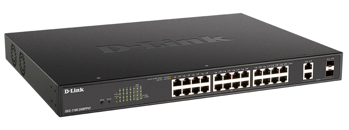 Коммутатор настраиваемый L2 D-Link DGS-1100-26MPPV2/A3A с 24 портами 10/100/1000Base-T и 2 комбо-портами 1000Base-T/SFP (порты 1-24 PoE 802.3af/at, по