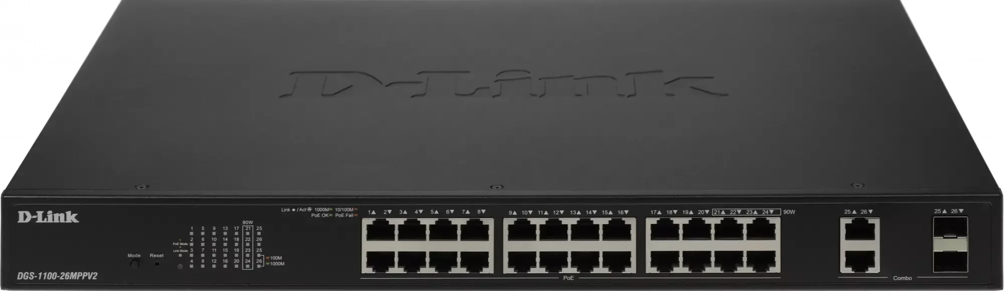 Коммутатор настраиваемый L2 D-Link DGS-1100-26MPPV2/A3A с 24 портами 10/100/1000Base-T и 2 комбо-портами 1000Base-T/SFP (порты 1-24 PoE 802.3af/at, по