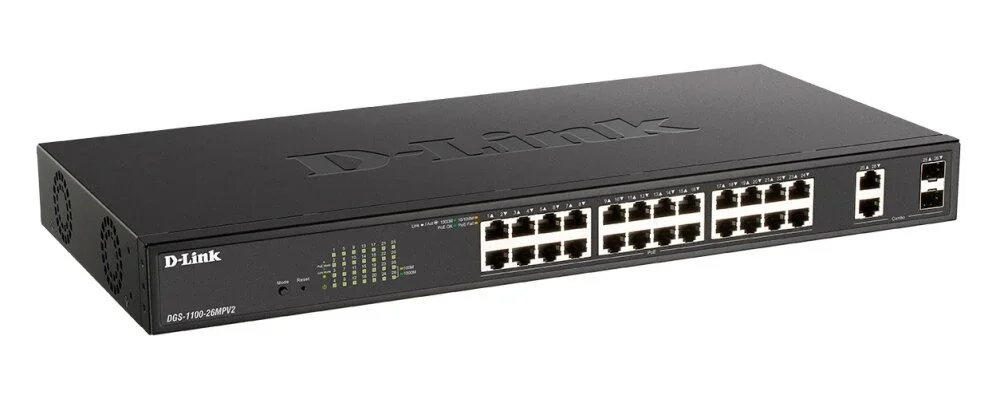 Коммутатор настраиваемый L2 D-Link DGS-1100-26MPV2/A3A с 24 портами 10/100/1000Base-T и 2 комбо-портами 1000Base-T/SFP (24 порта PoE 802.3af/at, PoE-б