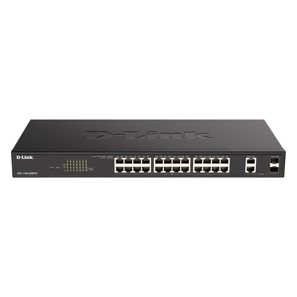 Коммутатор настраиваемый L2 D-Link DGS-1100-26MPV2/A3A с 24 портами 10/100/1000Base-T и 2 комбо-портами 1000Base-T/SFP (24 порта PoE 802.3af/at, PoE-б