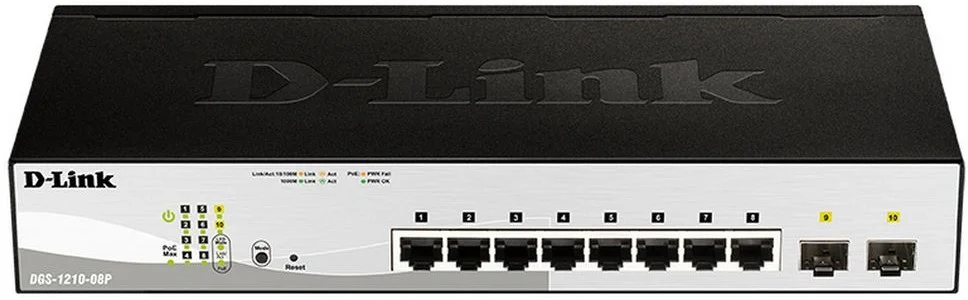 Коммутатор настраиваемый L2 PoE-коммутатор, 8x1000Base-T PoE, 2х1000Base-X SFP, PoE-бюджет 65 Вт, упрощенный интерфейс CLI