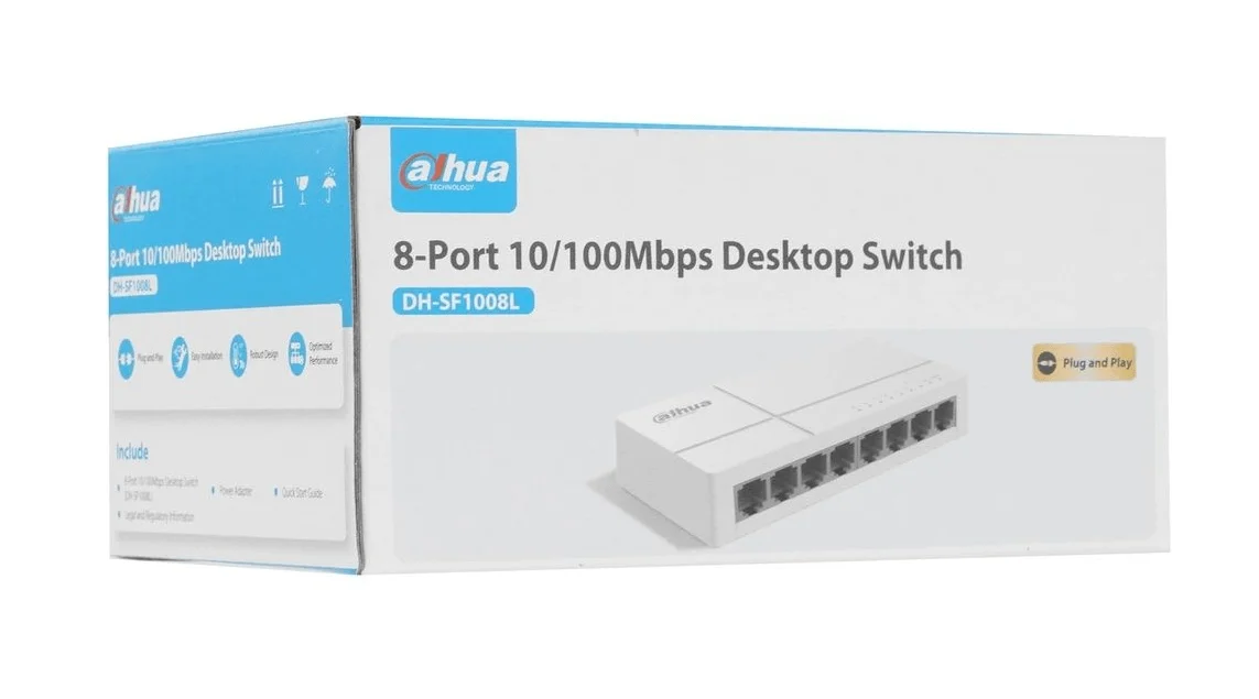 Коммутатор неуправляемый 8-портовый с РоЕ Dahua DH-SF1008LP, 4xRJ45 100Mb PoE, 4xRJ45 100Mb, суммарно 60Вт, коммутация 1.8 Гбит/с, MAC-таблица 2K, мет