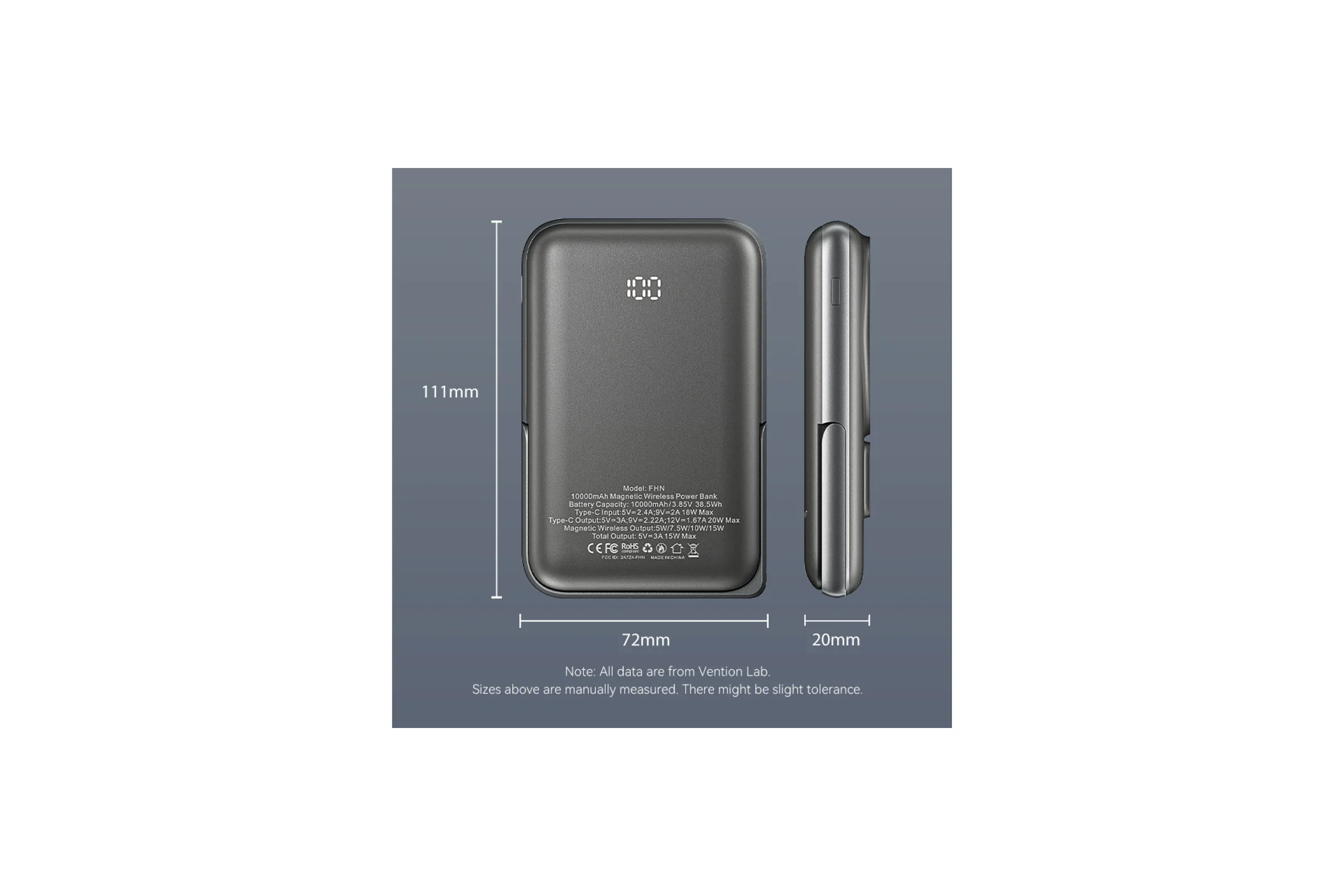 Беспроводной Power Bank Magnetic Vention 10000mAh (USB-C + Wireless) 20W Белый, шт.