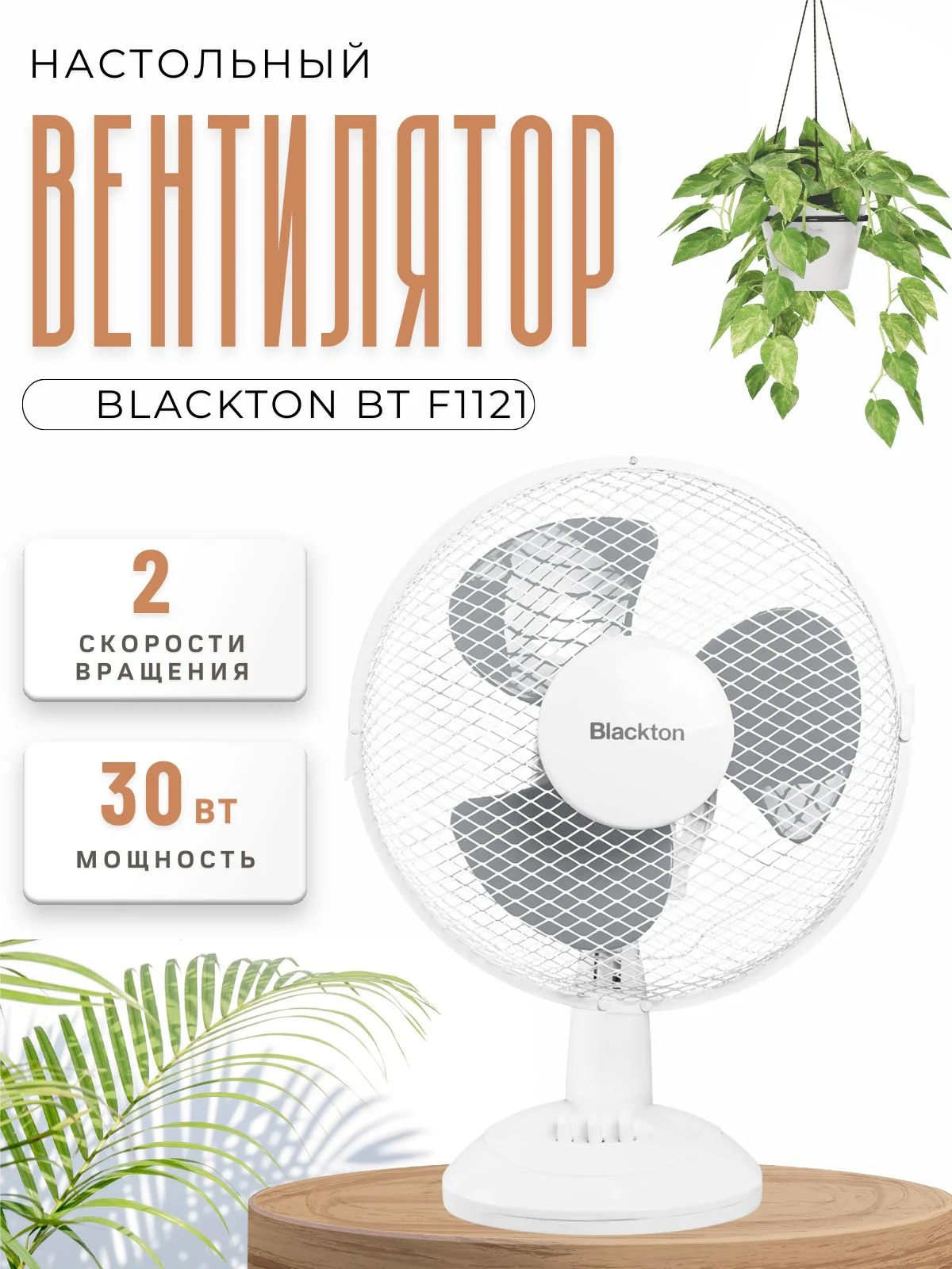Вентилятор Blackton Bt F1121 белый/серый, настольный, 30 Вт, 2 скорости, 27 см