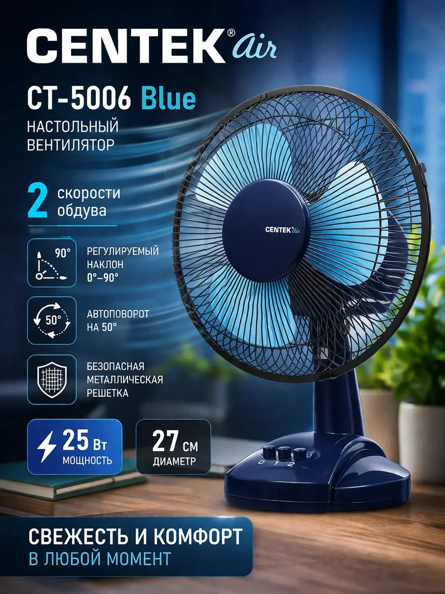 Вентилятор Centek CT-5006 синий, настольный, 25 Вт, 2 скорости, 23 см