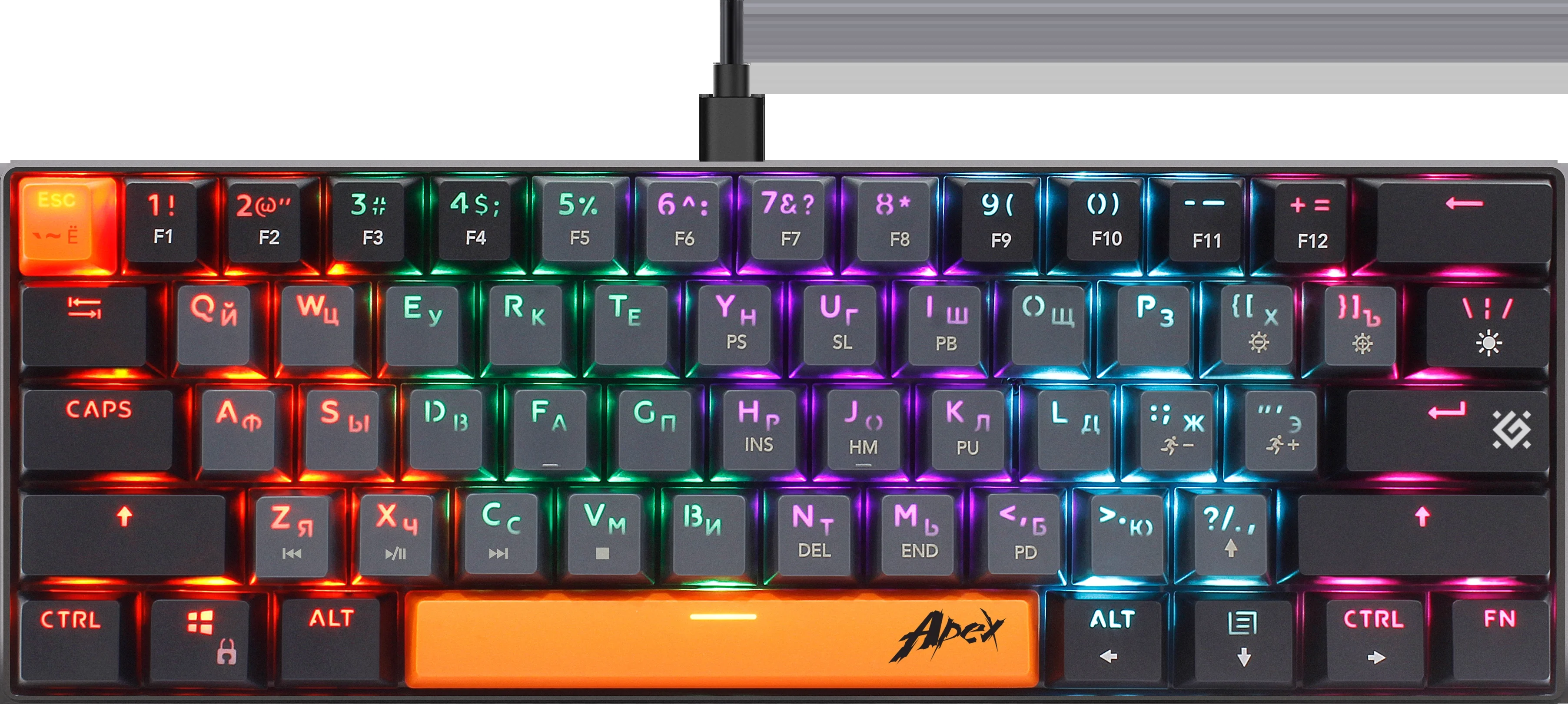 Defender Механическая клавиатура Apex GK-002 RU,3цв/черн,радуж,61к,крас,св