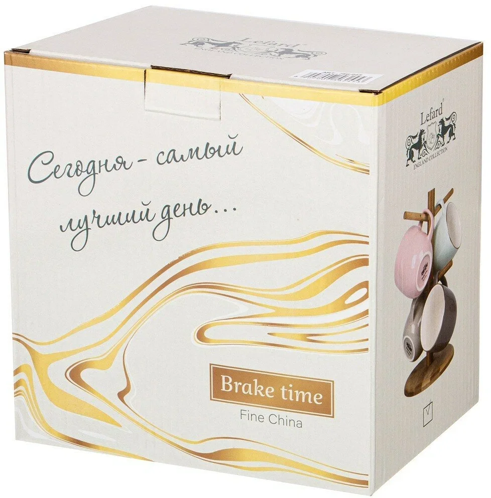 НАБОР ИЗ 4 КРУЖЕК НА ДЕРЕВЯННОЙ ПОДСТАВКЕ LEFARD "BREAK TIME" 310 МЛ ПАСТЕЛЬ (КОР=4НАБ.)
