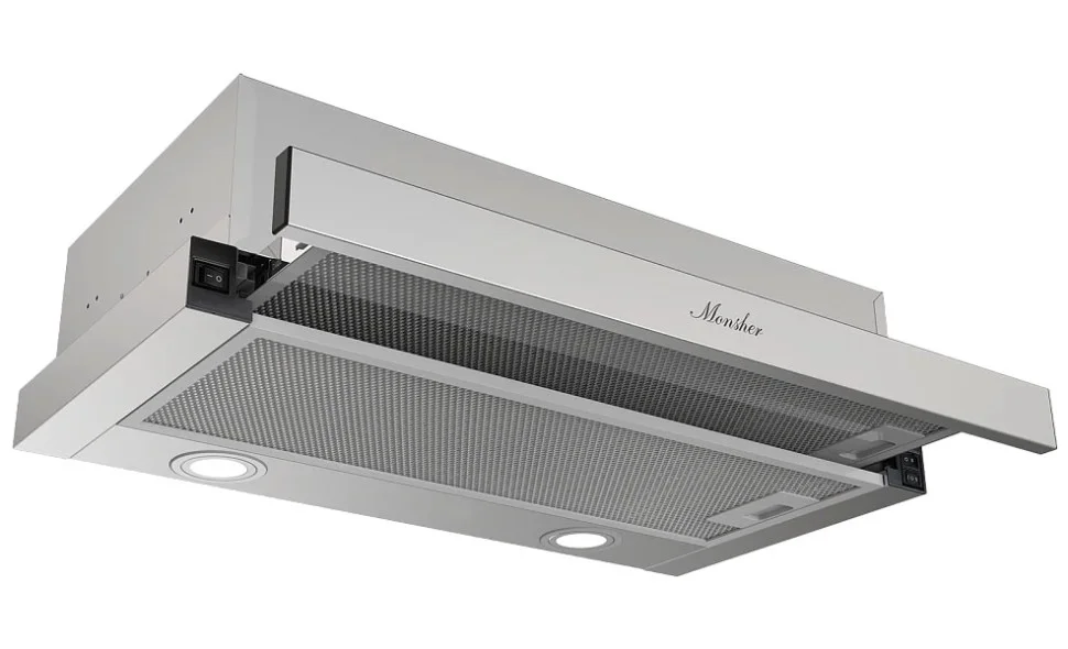 Встраиваемая вытяжка Monsher Loin 60 Acier, телескопическая, 60 см, High-Tech, макс. Производительность 650 м3/ч, 2 скорости, механическое управление,