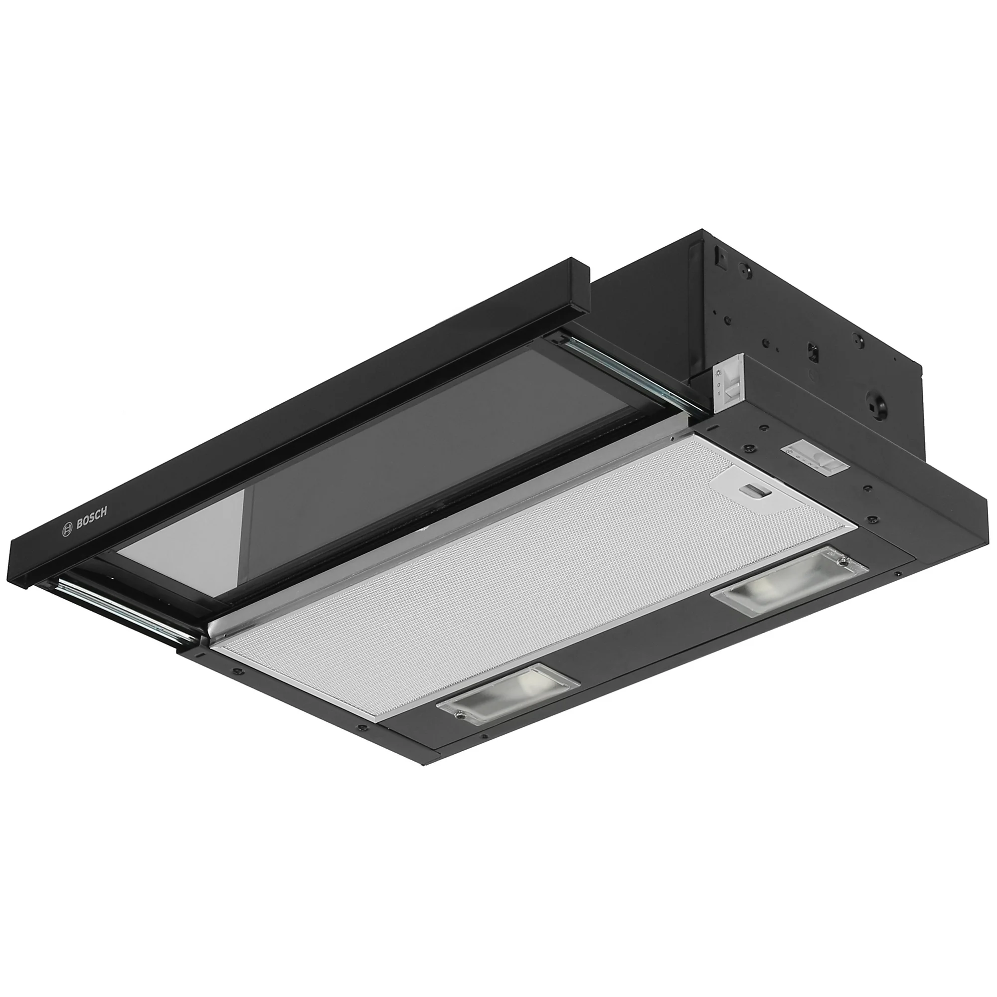 Встраивамая вытяжка Bosch Serie 2 DFT63CA60Q с выдвижным экраном, 60 см, черный, производительность до 300 м3/ч, режим отвода/циркуляции, 3 ступени мо