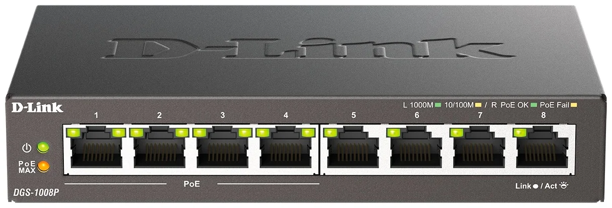 Коммутатор неуправляемый D-Link DGS-1008P/F3A с 8 портами 10/100/1000Base-T (4 порта PoE 802.3af/at, PoE-бюджет 60 Вт)