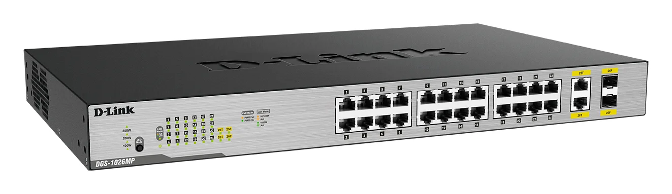 Коммутатор неуправляемый D-Link DGS-1026MP/B2A с 24 портами 10/100/1000Base-T, 2 комбо-портами 100/1000Base-T/SFP (24 порта PoE 802.3af/at, PoE-бюджет