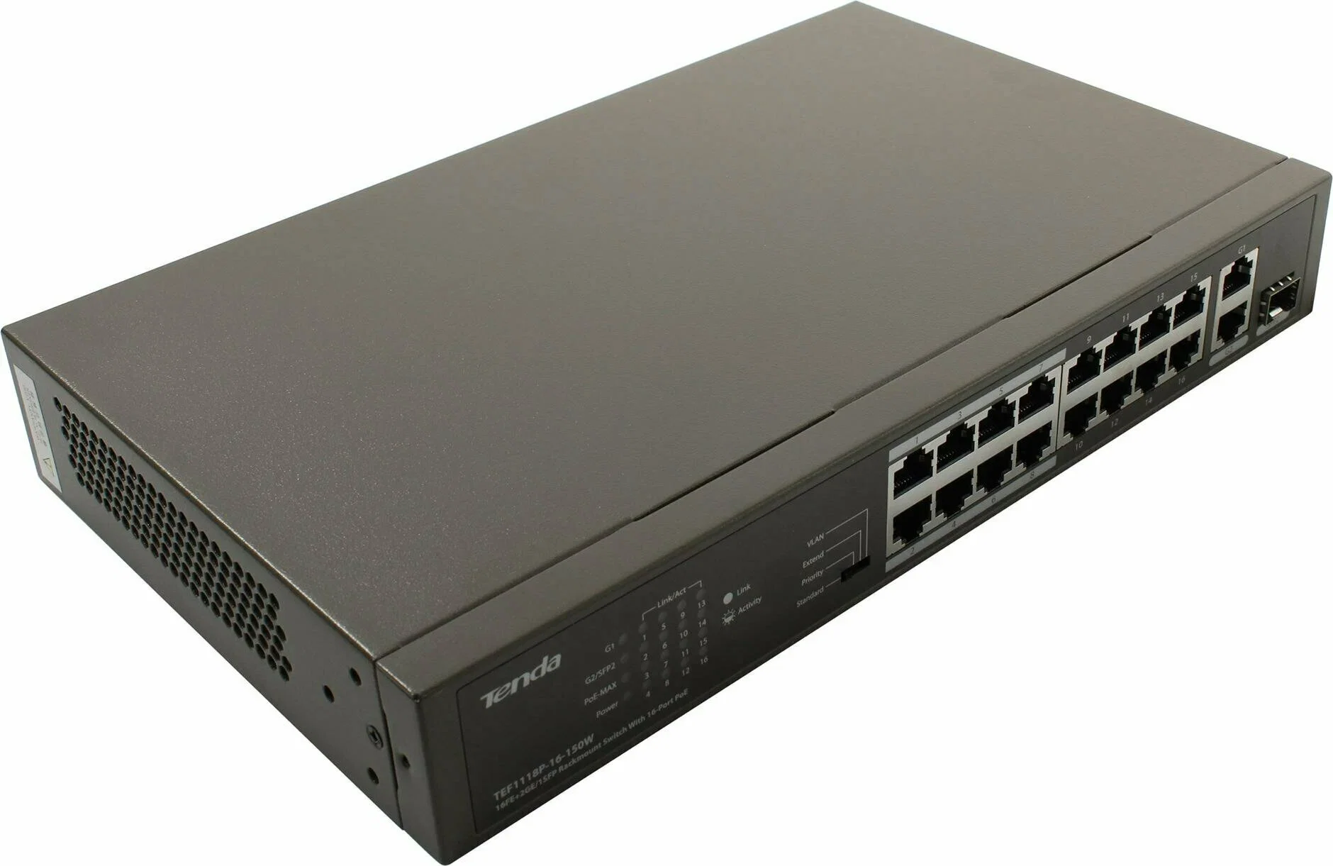 Коммутатор неуправляемый IP-COM F1118P-16-150W PoE, 18 портов, 18х100 Мбит/с, 2x1 Гбит/с, PoE 16х30 Вт (до 130Вт)