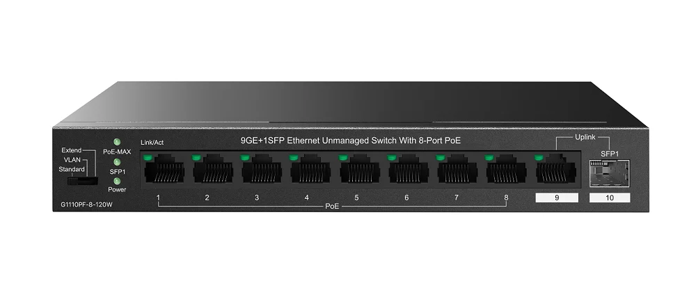 Коммутатор неуправляемый IP-COM G1110PF-8-120W PoE, 10 портов, 9x1 Гбит/с, SFP 1х1 Гбит/с, PoE 8х30 Вт (до 102 Вт)