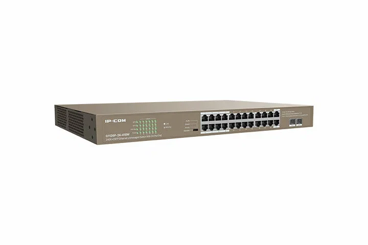 Коммутатор неуправляемый IP-COM G1128P-24-410W PoE, 28 портов, 26x1 Гбит/с, SFP 2x1 Гбит/с, PoE 24x30 Вт (до 370 Вт)