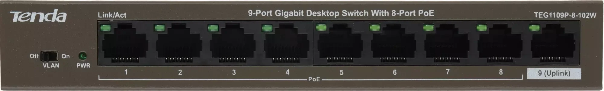 Коммутатор неуправляемый PoE IP-COM G1109P-8-102W 9 портов, 9x1 Гбит/с, PoE 8х92 Вт, настольный