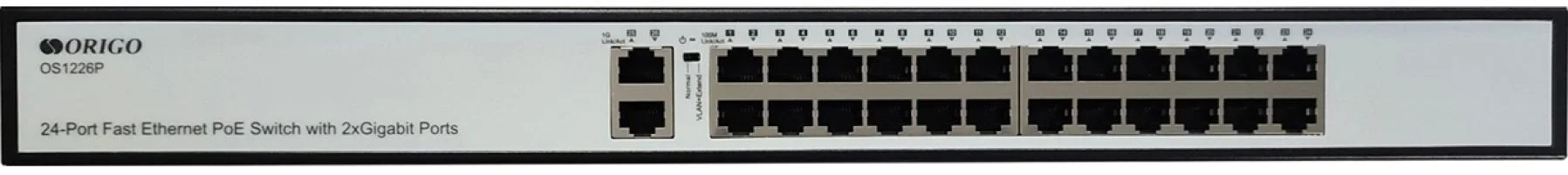 Коммутатор неуправляемый PoE ORIGO OS1226P/285W/A1A 24x100Base-TX PoE+, 2x1000Base-T, PoE-бюджет 285 Вт, корпус металл