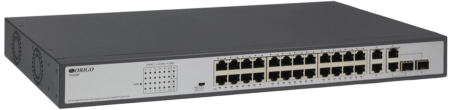 Коммутатор неуправляемый PoE ORIGO Unmanaged Switch 26x1000Base-T (24x1000Base-T PoE), 2xCombo 1000Base-T/SFP, PoE Budget 370W, Long-range PoE up to 2