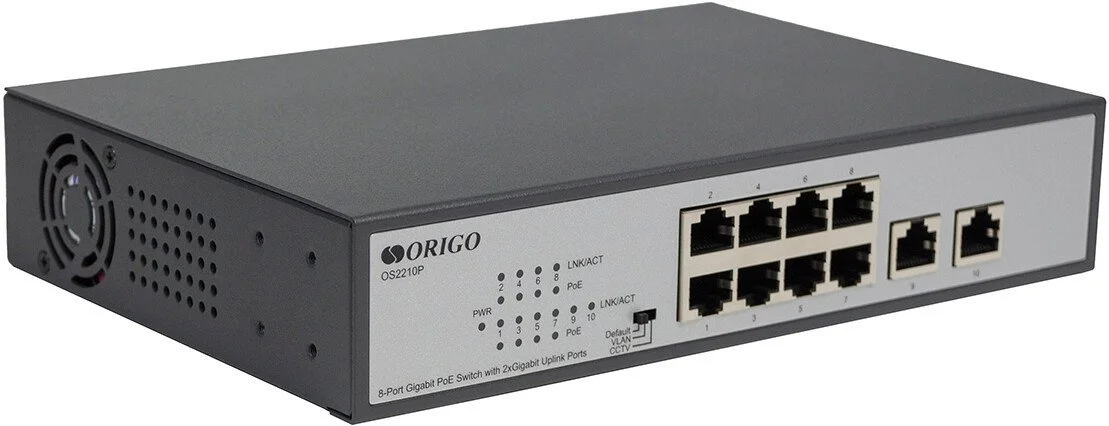 Коммутатор неуправляемый PoE ORIGO Unmanaged Switch 8x1000Base-T PoE, 2x1000Base-X SFP, PoE Budget 120W, 19" w/brackets