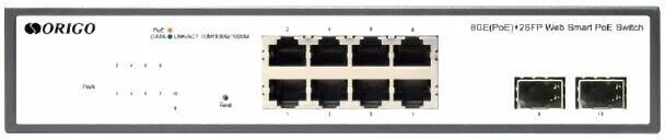 Коммутатор неуправляемый PoE ORIGO Unmanaged Switch 8x1000Base-T PoE, 2x1000Base-X SFP, PoE Budget 120W, 19" w/brackets