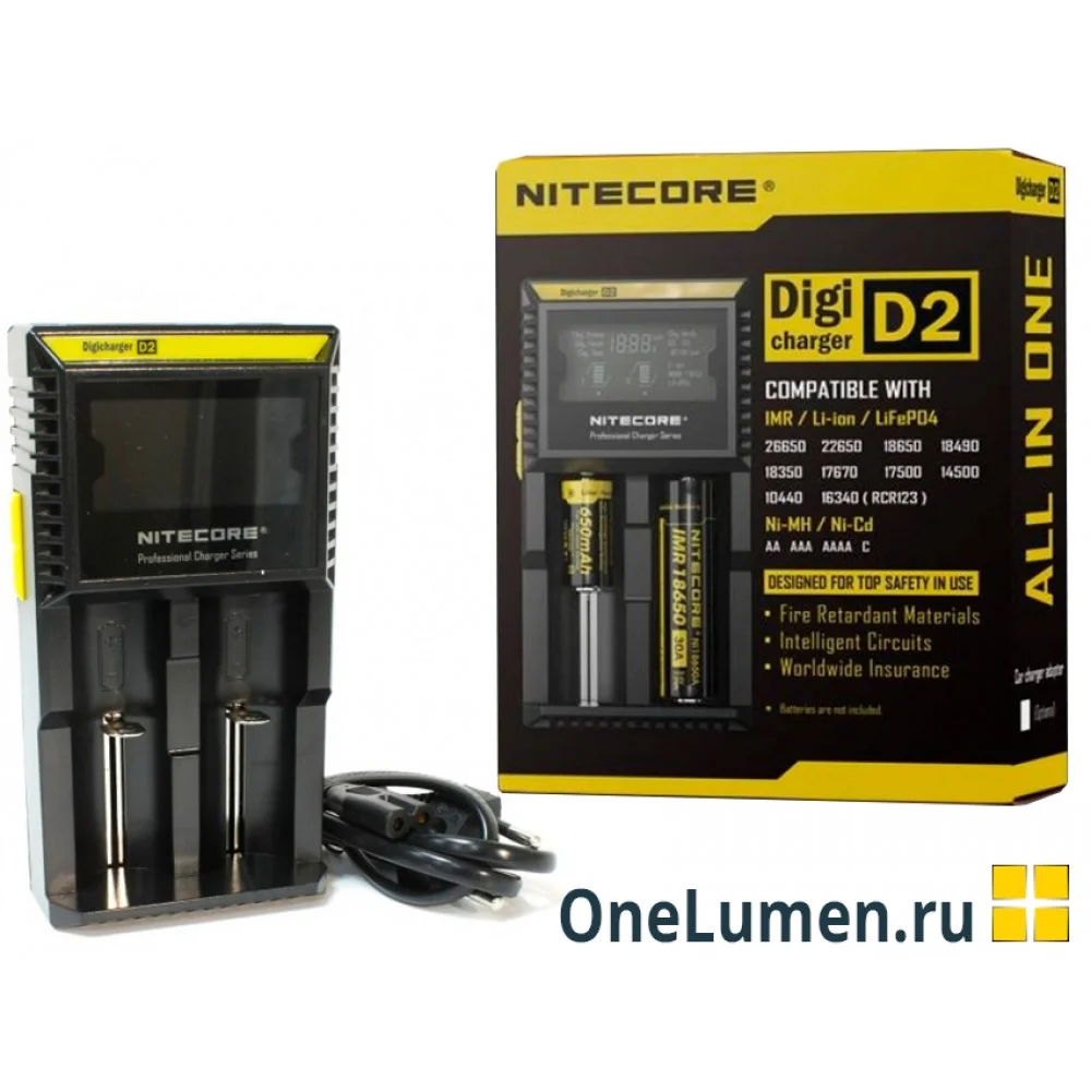 Батарейка, аккумулятор и зарядное устройство для него Nitecore D2 18650/16340 на 2*АКБ Intellicharge V2, совместим с Li-ion и Ni-MH/Ni-Cd аккумулятора