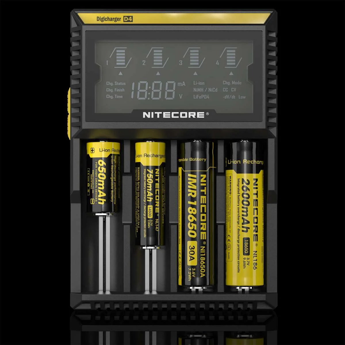 Батарейка, аккумулятор и зарядное устройство для него Nitecore D4 18650/16340 на 4*АКБ Intellicharge V2, совместимо с Li-ion и Ni-MH/Ni-Cd аккумулятор