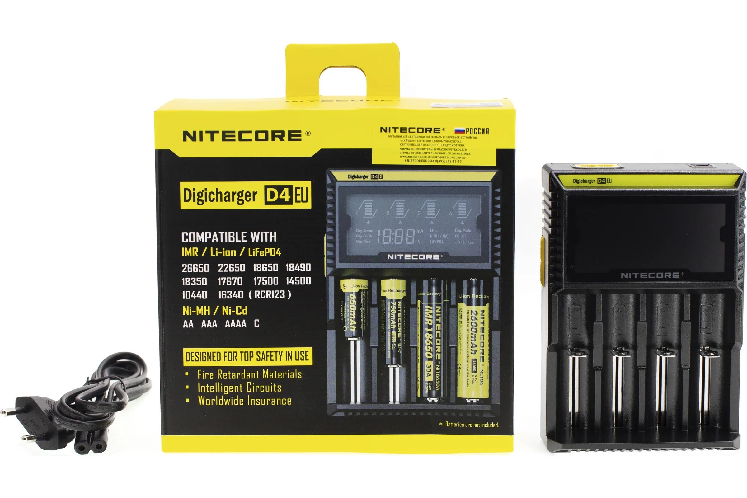 Батарейка, аккумулятор и зарядное устройство для него Nitecore D4 18650/16340 на 4*АКБ Intellicharge V2, совместимо с Li-ion и Ni-MH/Ni-Cd аккумулятор
