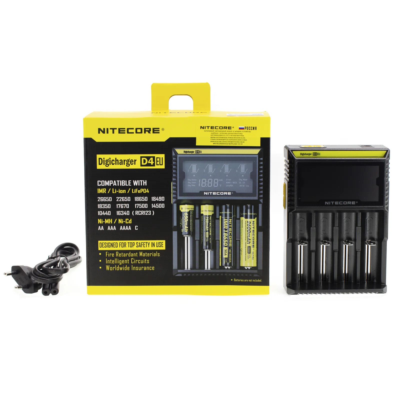 Батарейка, аккумулятор и зарядное устройство для него Nitecore D4 18650/16340 на 4*АКБ Intellicharge V2, совместимо с Li-ion и Ni-MH/Ni-Cd аккумулятор