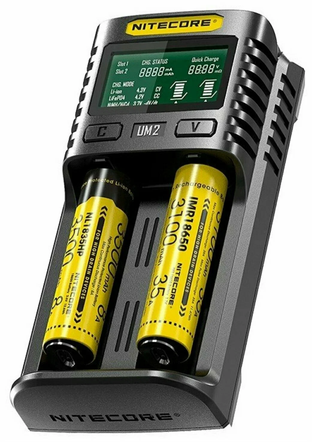 Батарейка, аккумулятор и зарядное устройство для него Nitecore UM2 18650/21700 на 2*АКБ Intellicharge V2, совместимо с Li-ion/IMR и Ni-MH/Ni-Cd аккуму