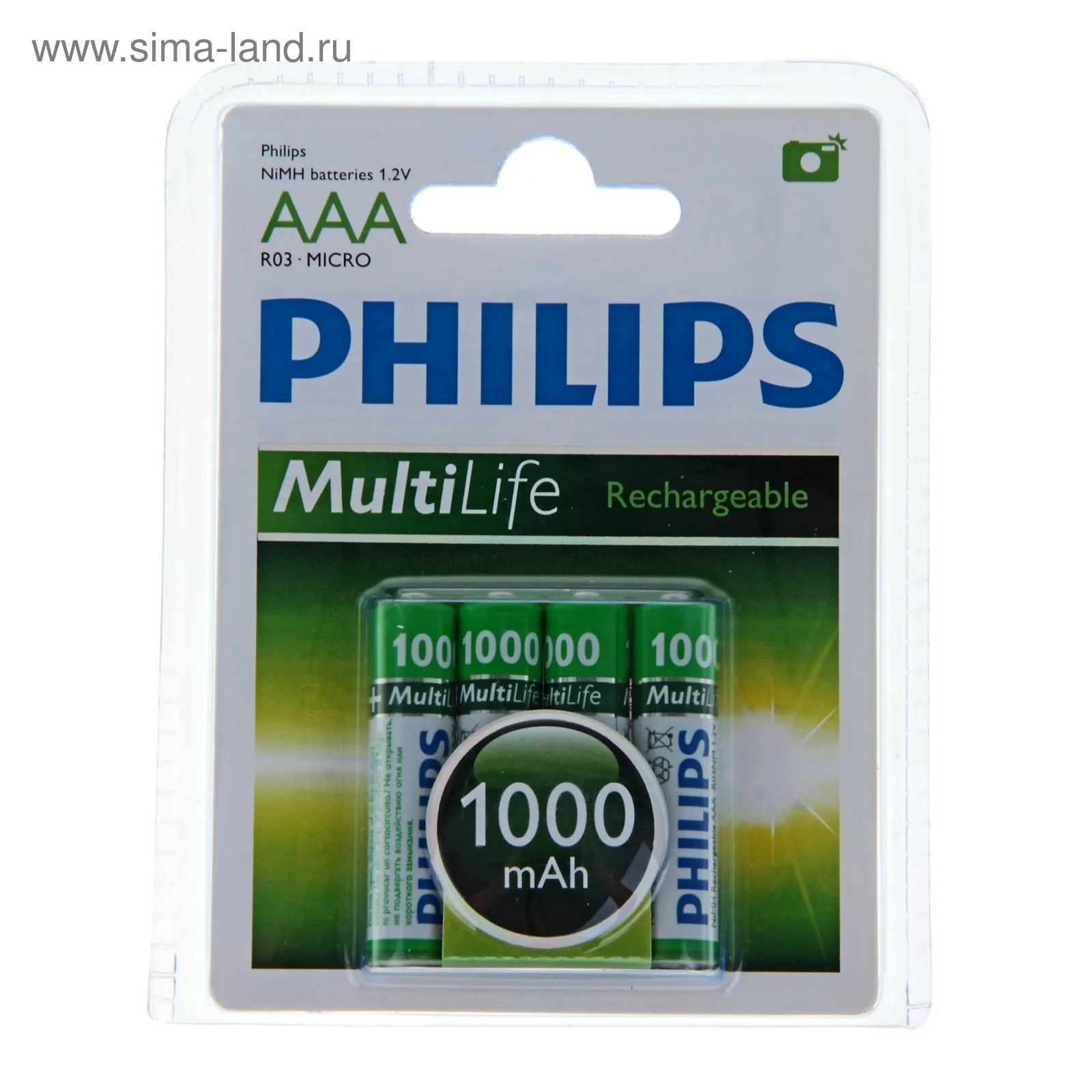 Батарейка, аккумулятор и зарядное устройство для него Philips MultiLife-NiMH, 4AA, 1000 мA/ч (R6B4RTU10/97)