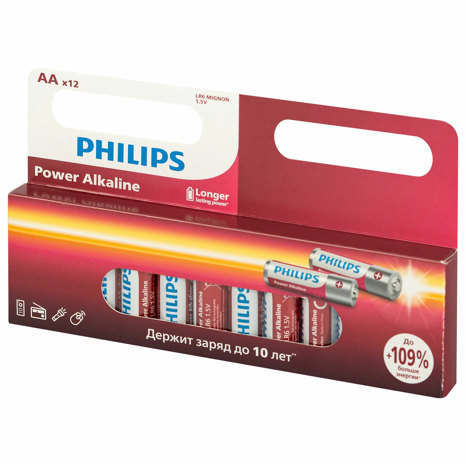 Батарейка, аккумулятор и зарядное устройство для него Philips Power Alkaline, щелочная, 12 АА, в блистере (LR6P12BT/97)