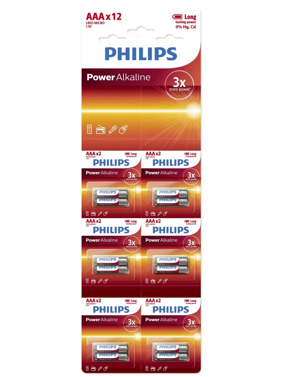 Батарейка, аккумулятор и зарядное устройство для него Philips Power Alkaline, щелочная, 12 ААА, в блистере (LR03P12BT/97)