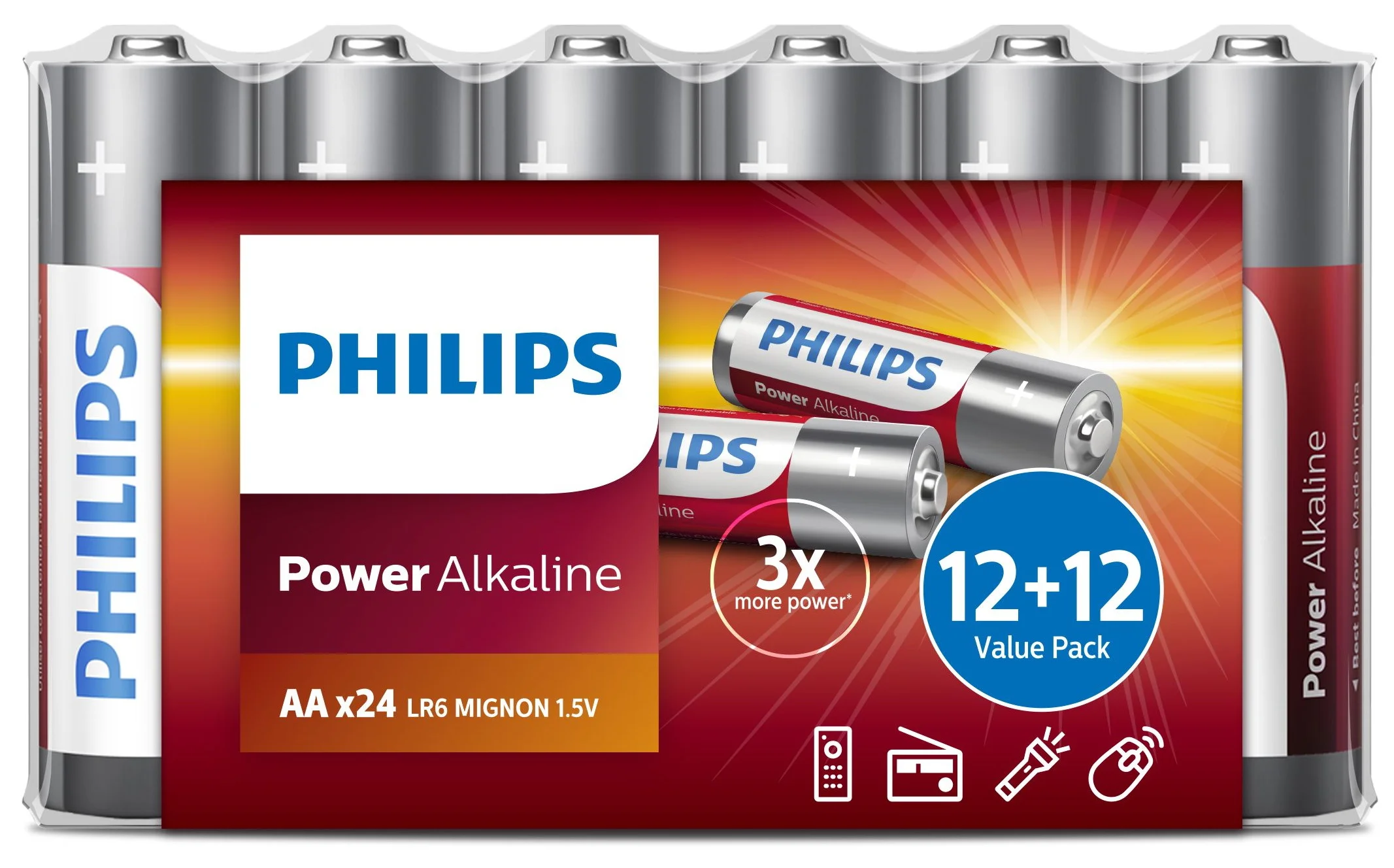 Батарейка, аккумулятор и зарядное устройство для него Philips Power Alkaline, щелочная, 12+12 AA, в пленке (LR6P24FV/97)